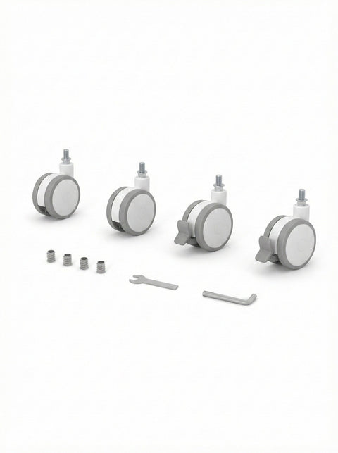 2. Set of four KOTTO crib wheels with rubberized finish, including two lockable wheels, shown with screws and tools on a white background