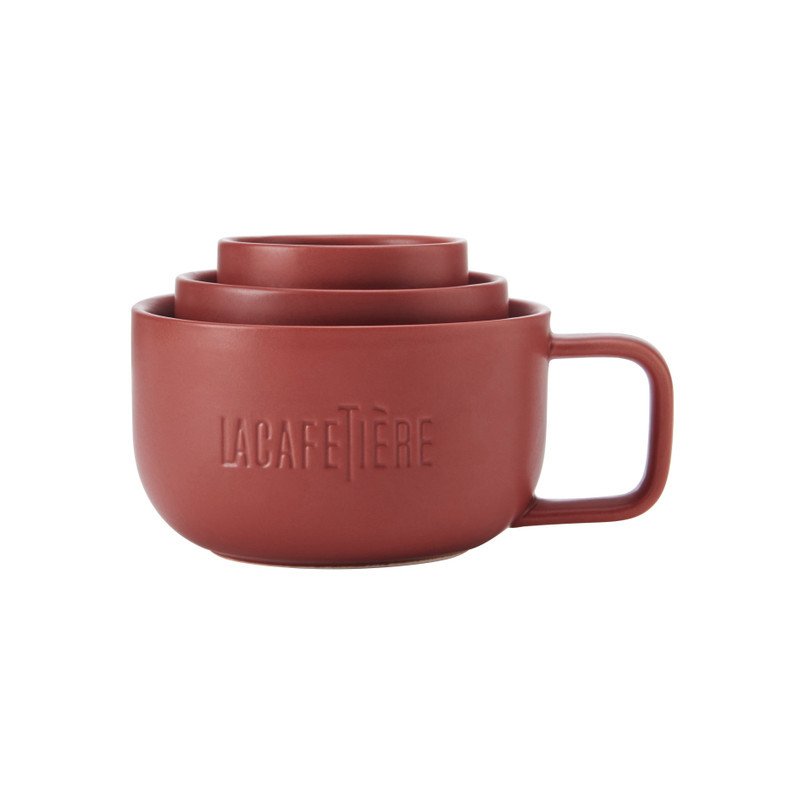 4. Flat lay of La Cafetière red coffee mugs set of three stacked together, showing compact design