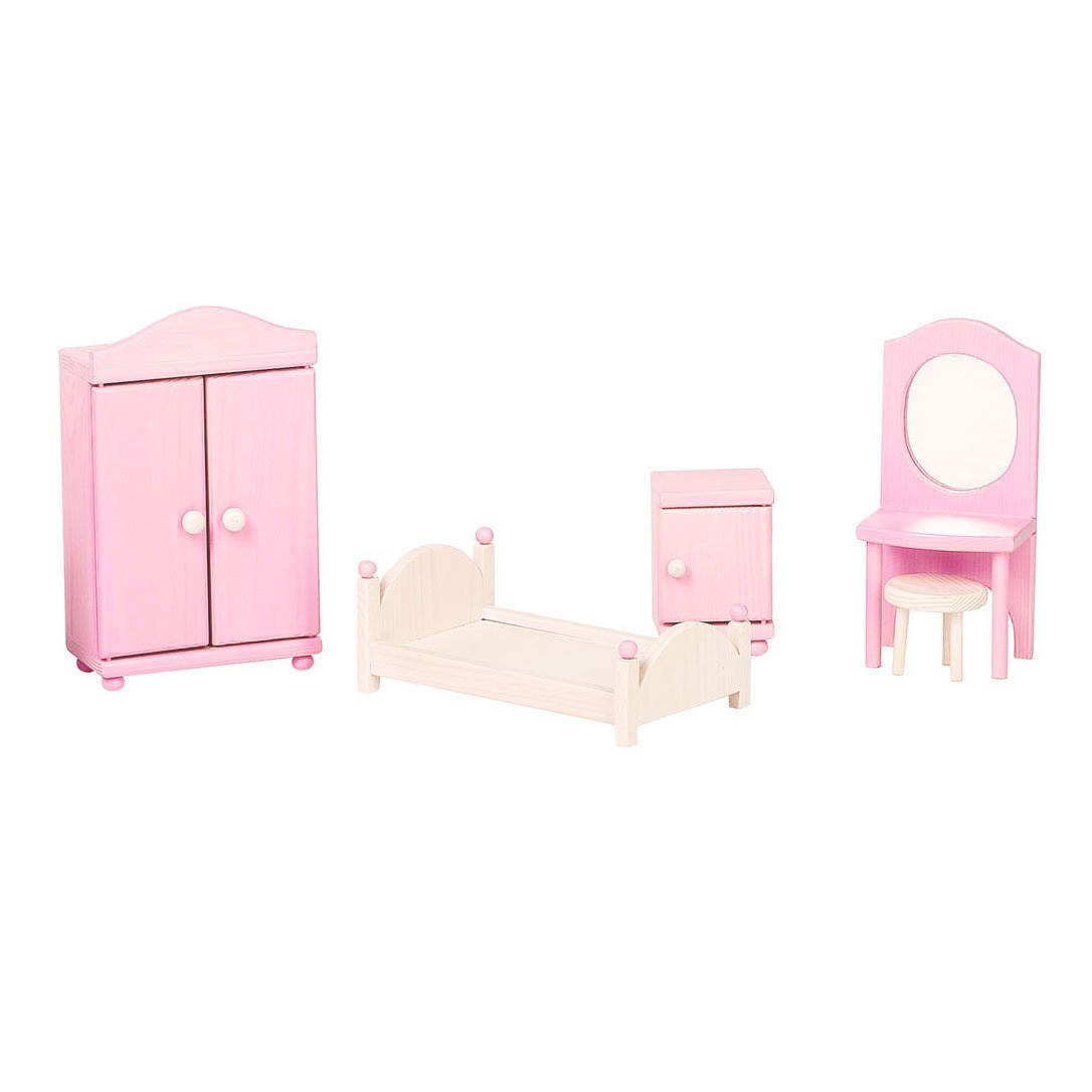 2. Pink and white wooden dollhouse bedroom furniture set including bed, wardrobe, mirror, stool, and bedside table by ROOSI Traditional Toys