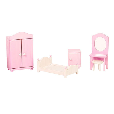 2. Pink and white wooden dollhouse bedroom furniture set including bed, wardrobe, mirror, stool, and bedside table by ROOSI Traditional Toys
