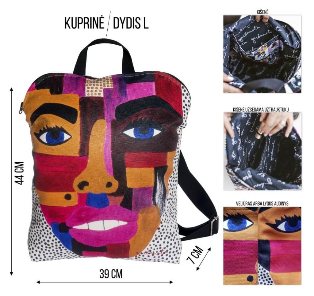 4. Garbanota BACKPACK EGLE size L with vibrant artwork, showing dimensions and inner pocket details