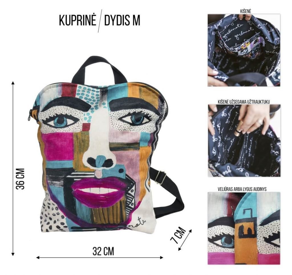 3. Garbanota BACKPACK EGLE size M with colorful artwork, showing dimensions and inner pocket details
