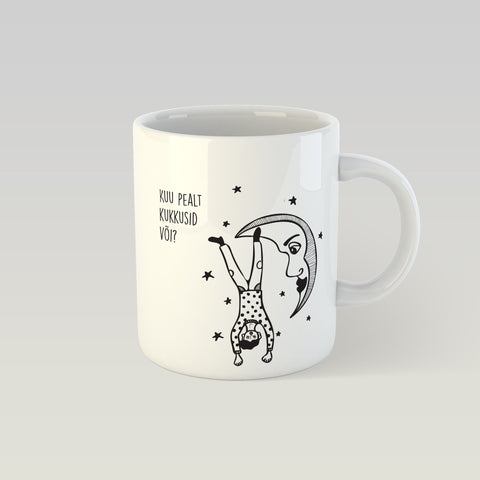 1. SEIK designer mug featuring Paula Disain's unique graphic design with moon and stars, 330ml capacity, shown in studio setting