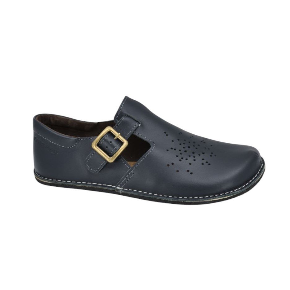4. Side view of Kuuda Shoes in dark blue, highlighting soft leather upper and adjustable buckle