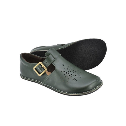 3. Studio image of Kuuda Shoes in dark green, showing side view with adjustable buckle and perforated design