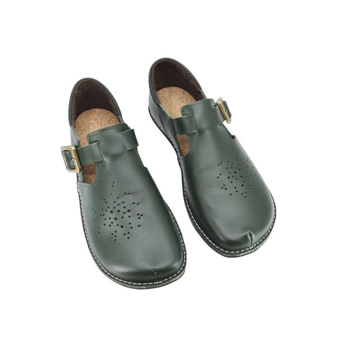 5. Top view of Kuuda Shoes in dark green, displaying wide toe area and perforated design