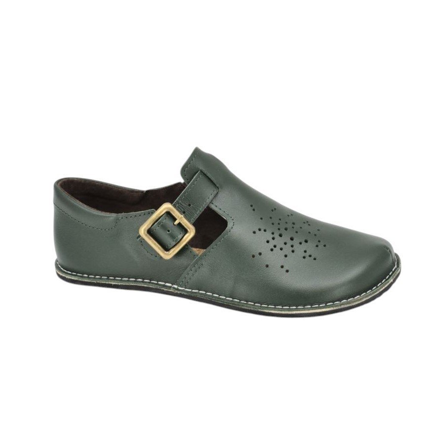 4. Studio shot of Kuuda Shoes in dark green, highlighting the perforated leather upper and buckle detail