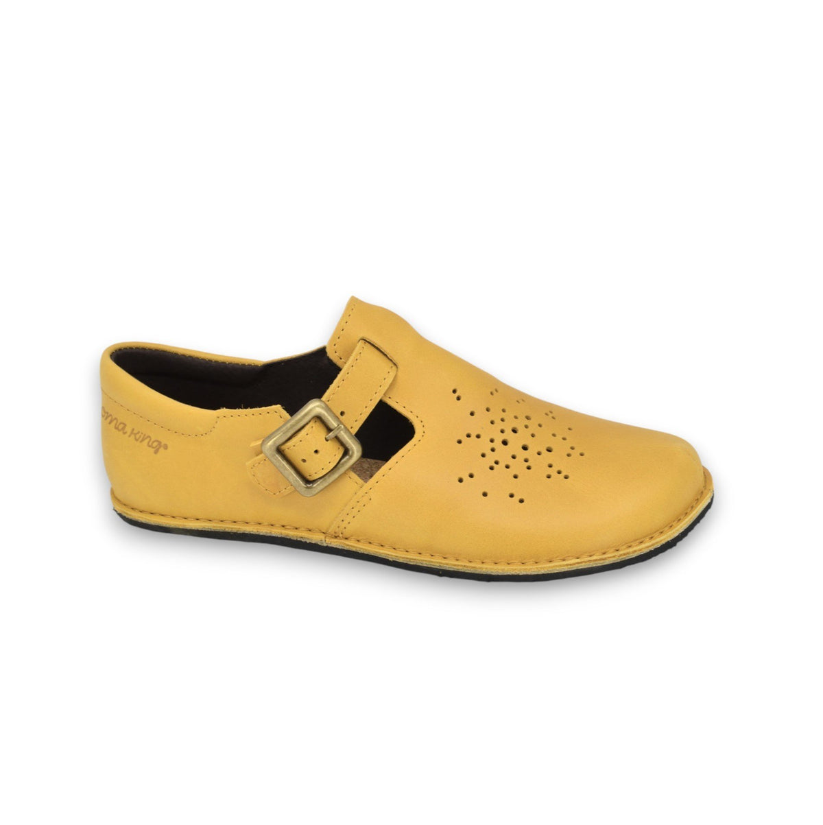 1. Studio image of Omaking Kuuda Shoes in vibrant yellow, featuring a wide toe area and adjustable buckle strap