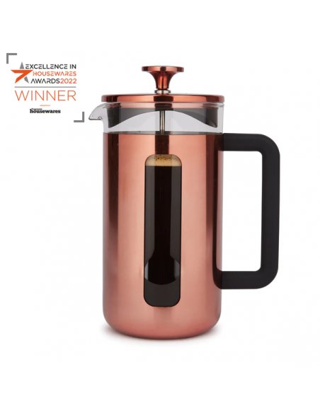 2. Award-winning La Cafetière Pisa coffee maker in copper with black handle, featuring Excellence In Housewares Awards 2022 badge