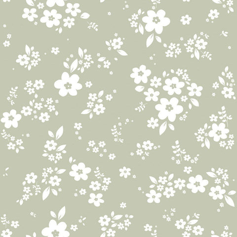 2. Close-up of green wallpaper with white floral pattern, showcasing delicate design and matte finish