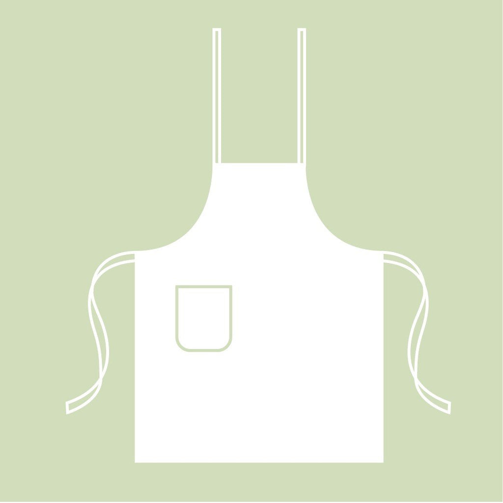 5. Size chart illustration of apron with pocket and ties on light green background