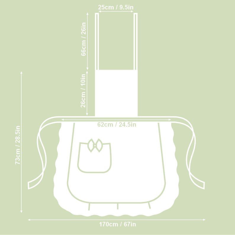 5. Size chart for floral apron with ruffles showing dimensions in centimeters and inches