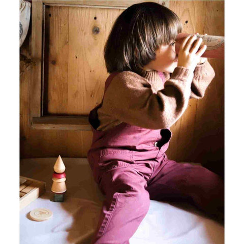 1. Child in brown sweater and maroon overalls playing with wooden stick figure puzzle indoors