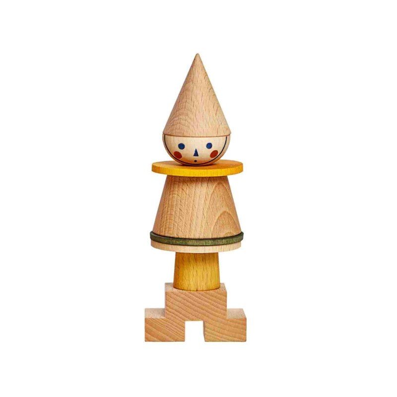 3. Wooden stick figure puzzle with conical hat and geometric body parts in natural wood finish