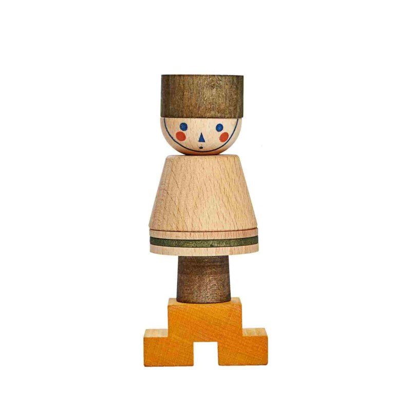2. Wooden Story LALA Stick Figure Puzzle in green with interchangeable wooden blocks on a white background