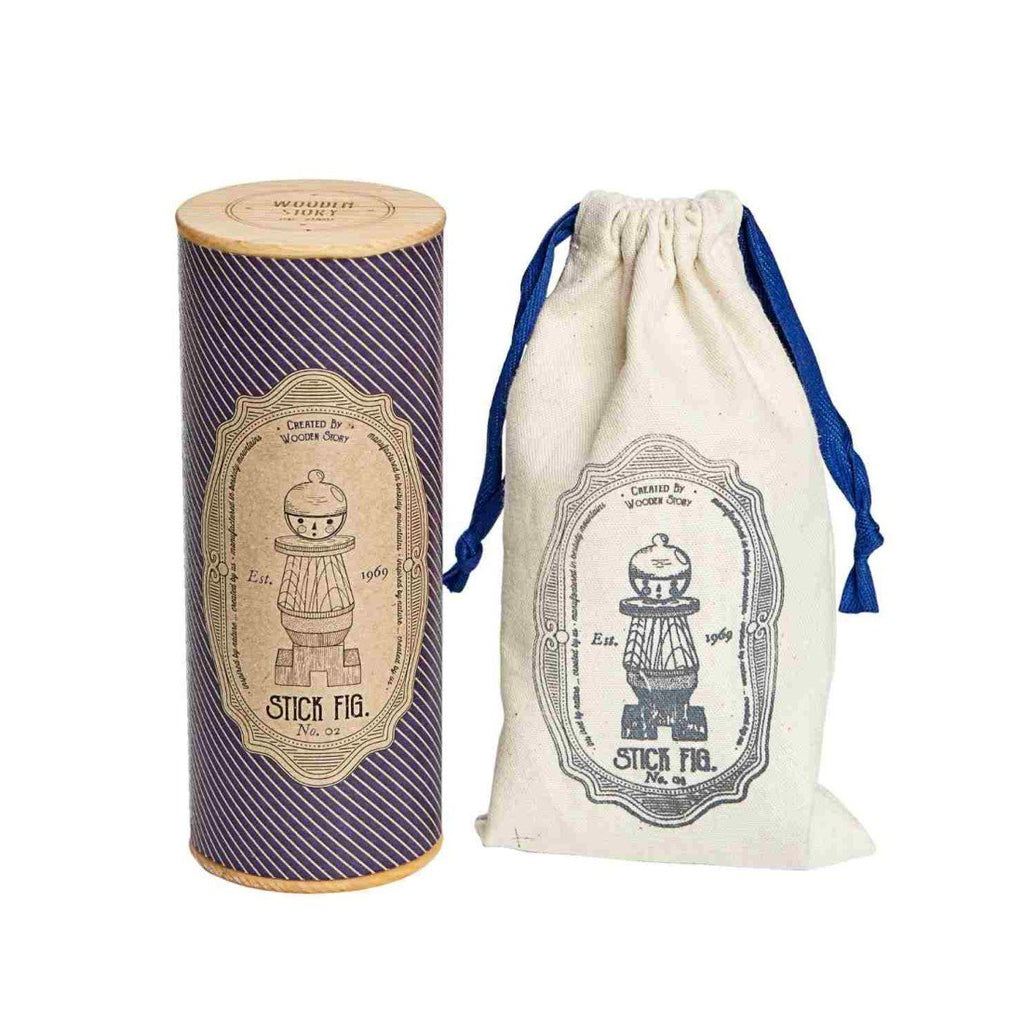 2. Wooden stick figure puzzle packaging with vintage design tube and drawstring bag on white background