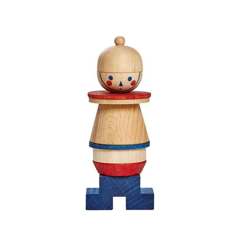 2. Wooden stick figure puzzle with blue, red, and natural wood blocks stacked to form a character on a white background