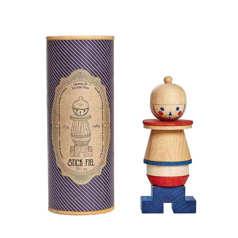 2. Wooden stick figure puzzle with packaging tube featuring vintage design, showing blue, red, and natural wood blocks