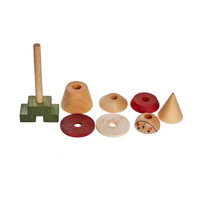 4. Flat lay of Wooden Story LALA Stick Figure Puzzle pieces in red and natural wood colors, including a green base and various shaped blocks