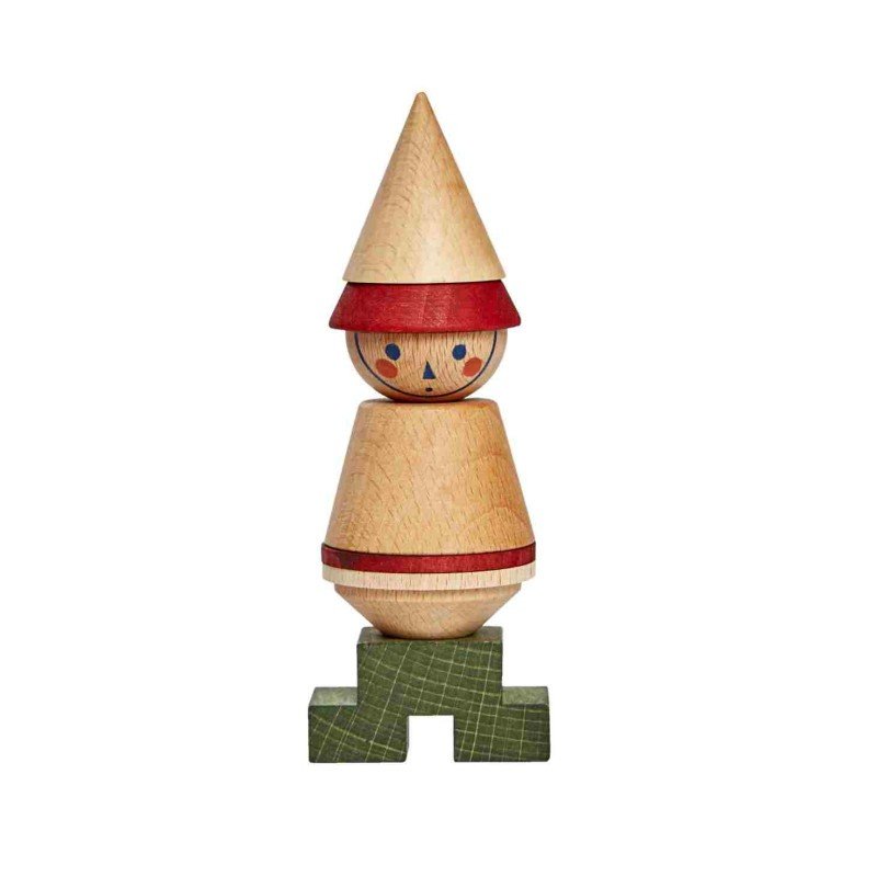 2. Wooden Story LALA Stick Figure Puzzle in red and natural wood colors, featuring a cone-shaped head and cylindrical body on a green base, shown in a studio setting