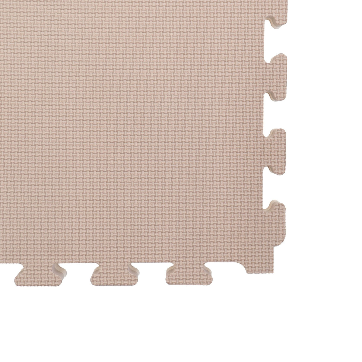 3. Close-up of interlocking edge of dark beige foam puzzle mat showing texture