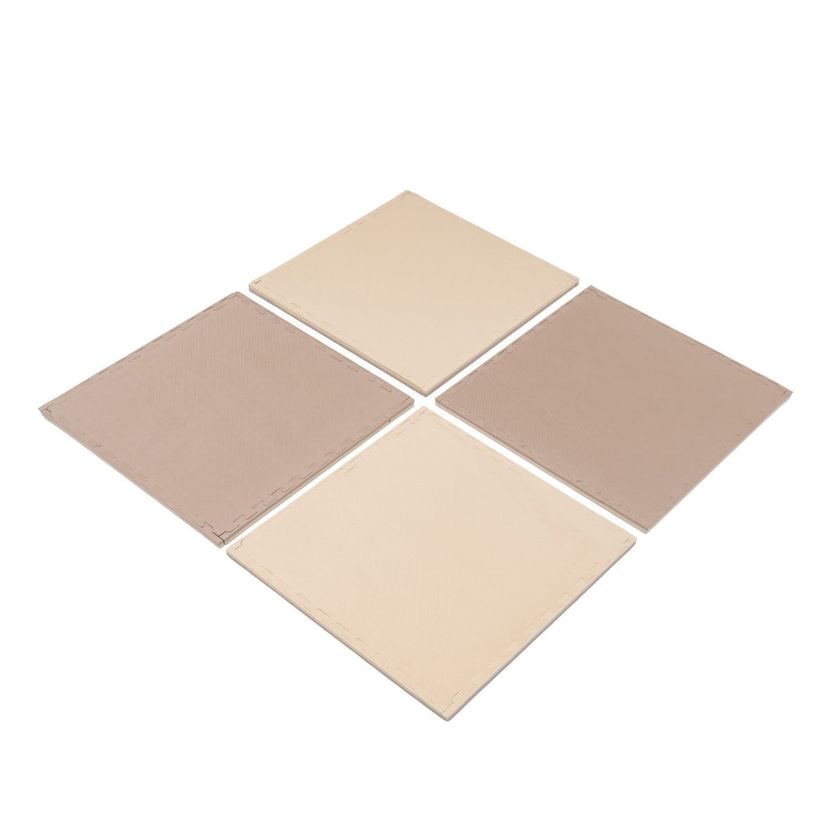 7. Four beige and dark beige foam puzzle mats arranged in a square on a white background