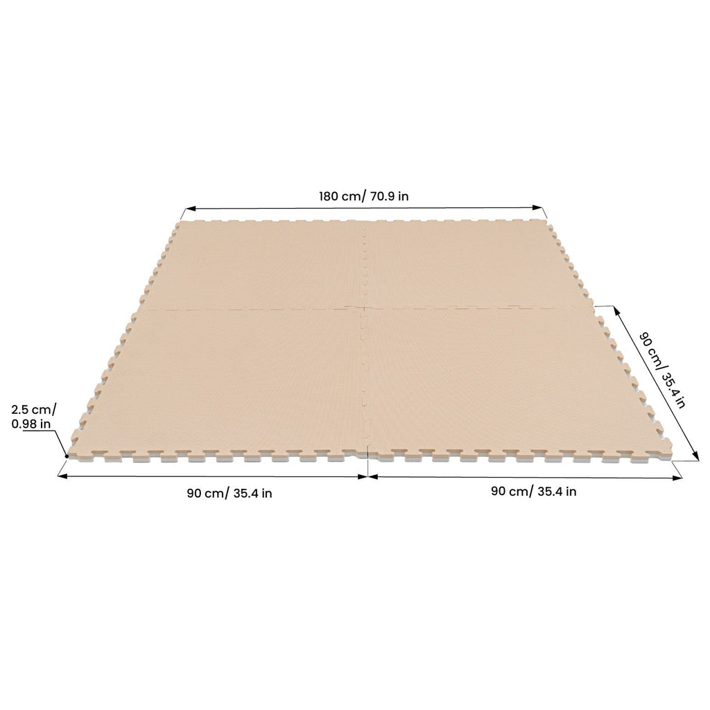 9. Size chart for beige foam puzzle mats showing dimensions in centimeters and inches