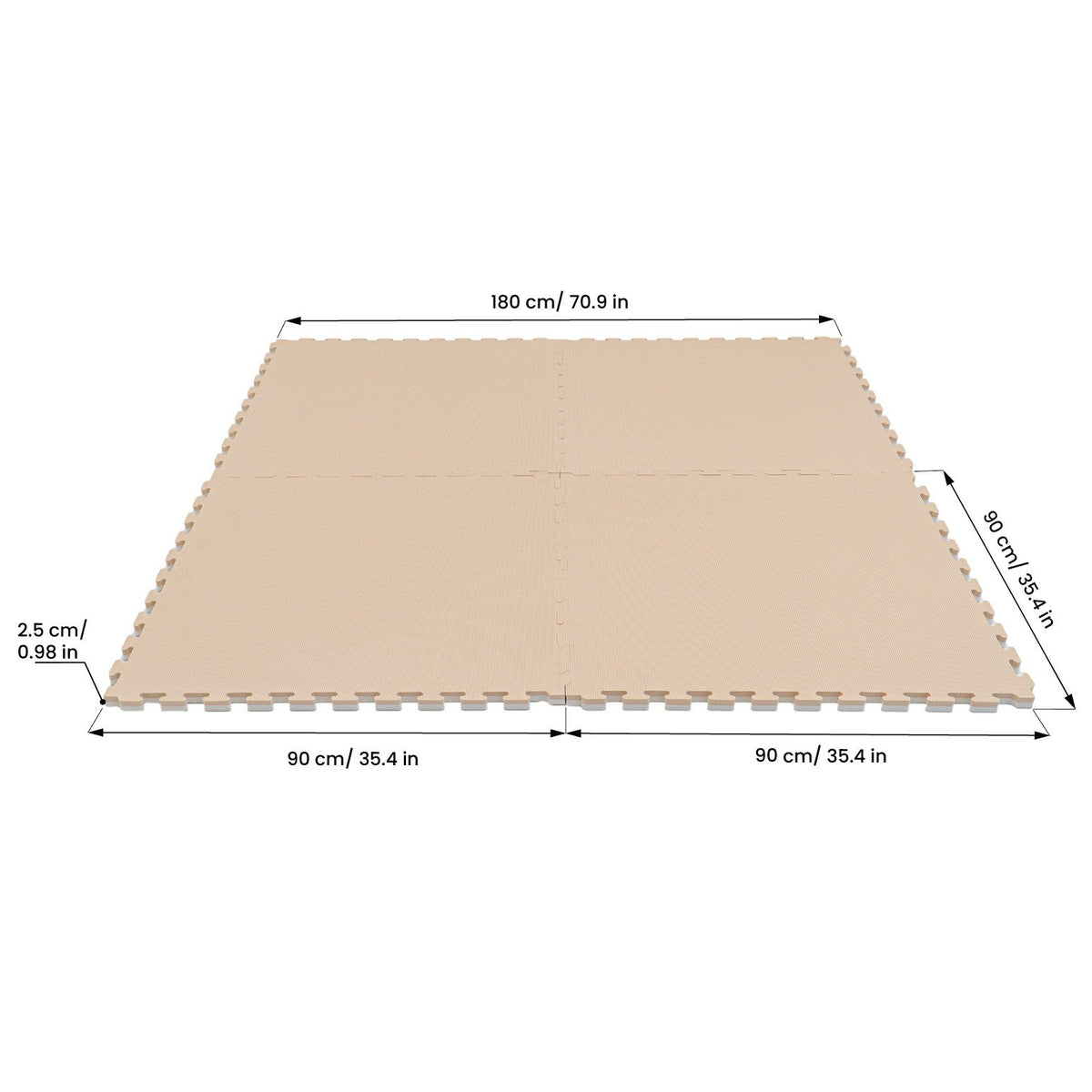 9. Size chart for beige foam puzzle mats showing dimensions in centimeters and inches