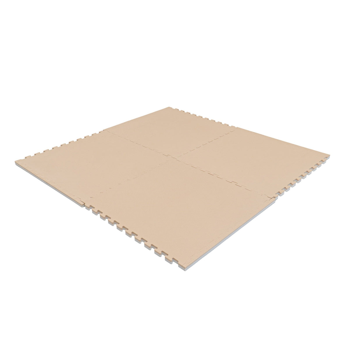 12. Beige foam puzzle mats connected to form a large square on a white background