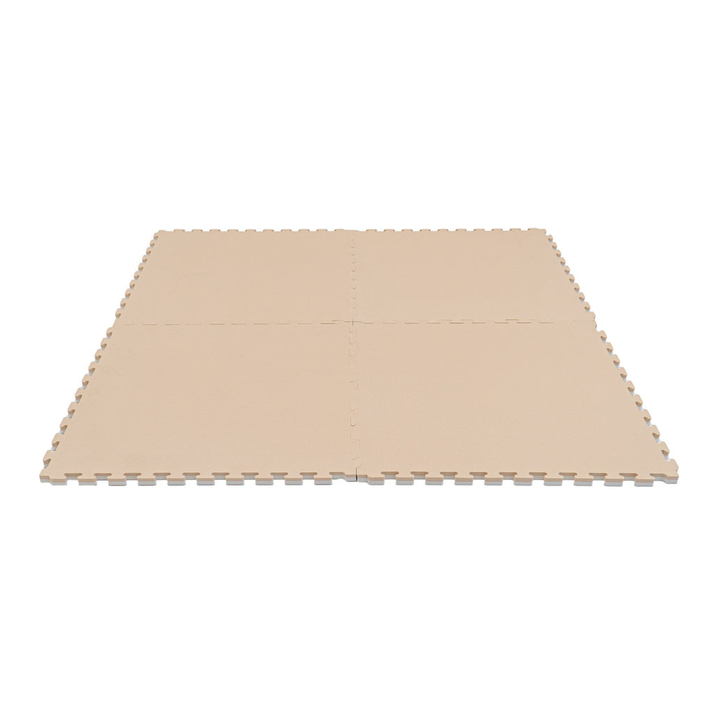 2. Beige foam puzzle mats connected to form a large square on a white background