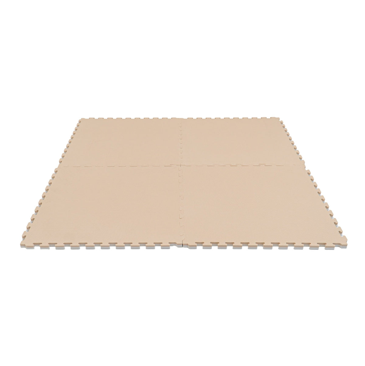 2. Beige foam puzzle mats connected to form a large square on a white background