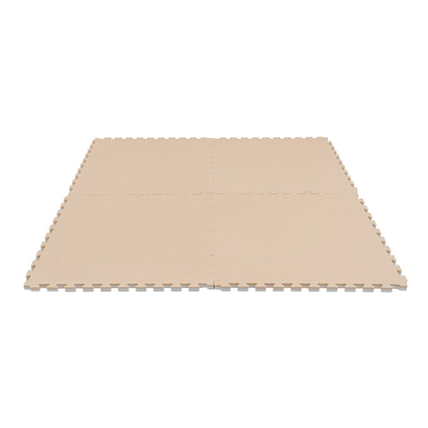 2. Beige foam puzzle mats connected to form a large square on a white background