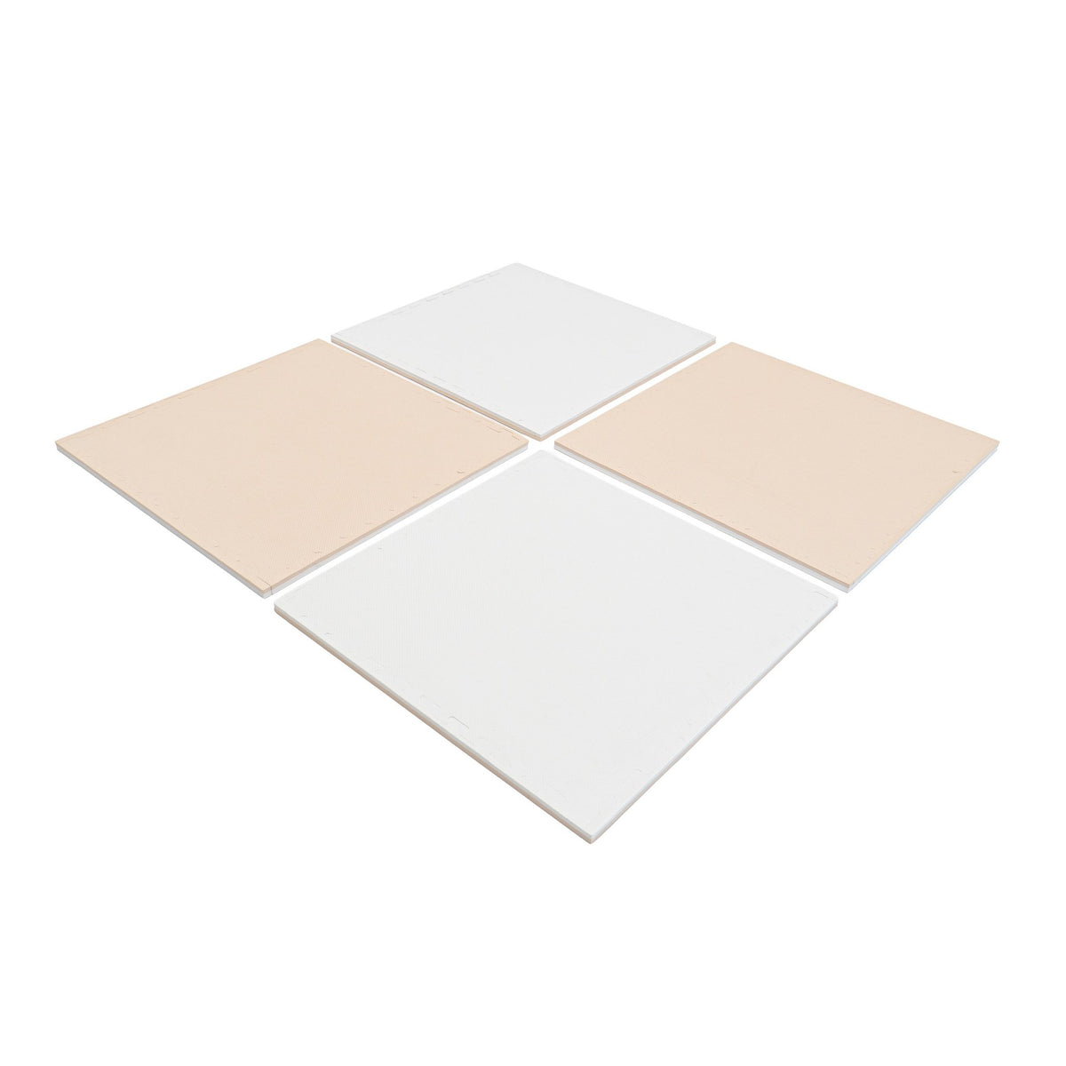 1. Four beige and white foam puzzle mats arranged in a square on a white background