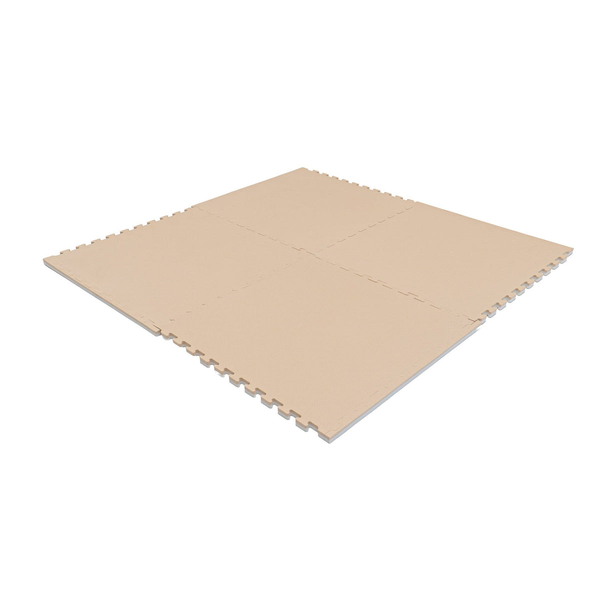 11. Beige foam puzzle mats connected to form a large square on a white background