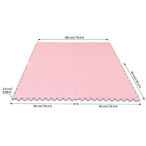 5. Size chart for large foam puzzle mats in baby pink, showing dimensions in centimeters and inches