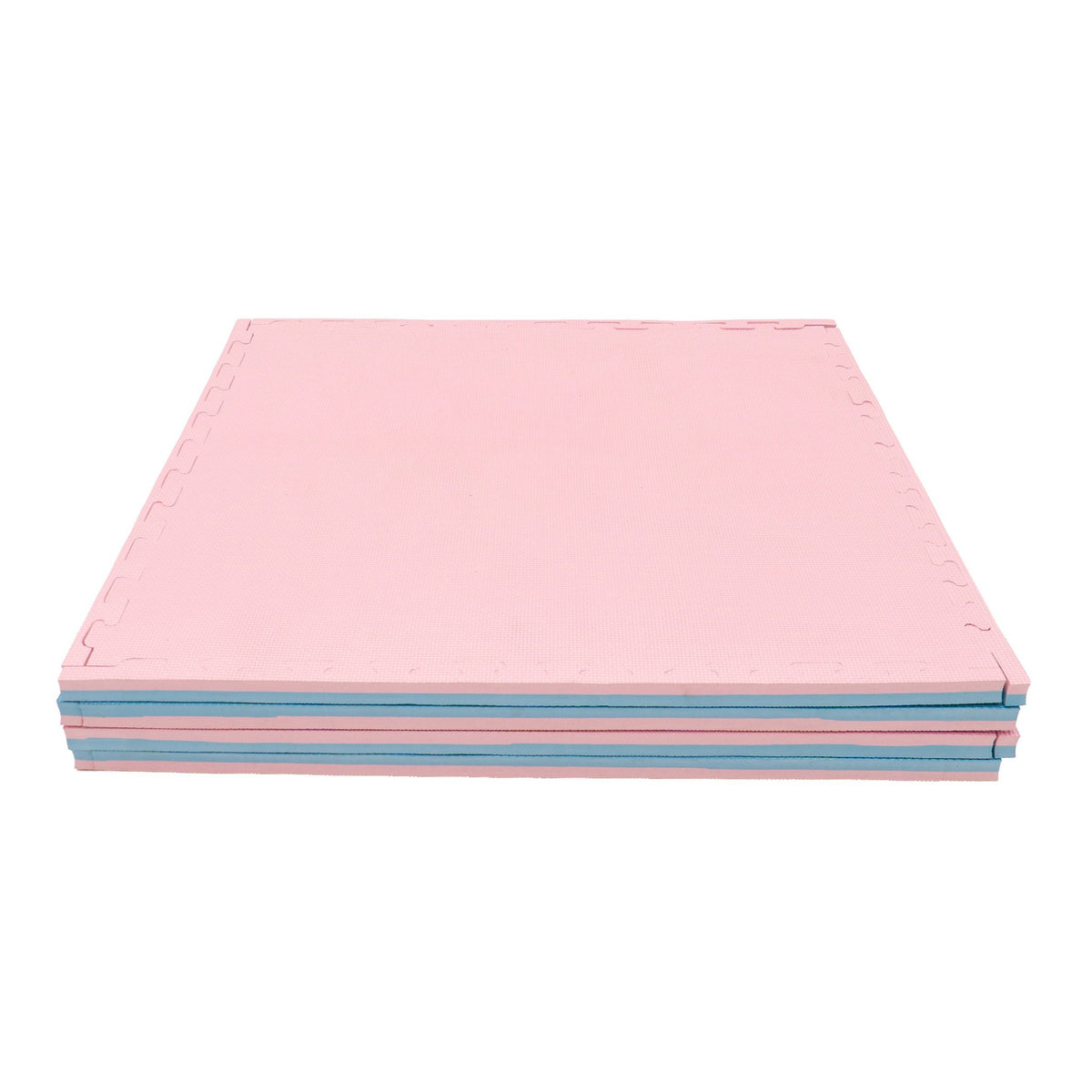 10. Stack of large foam puzzle mats in baby pink and baby blue, highlighting thickness