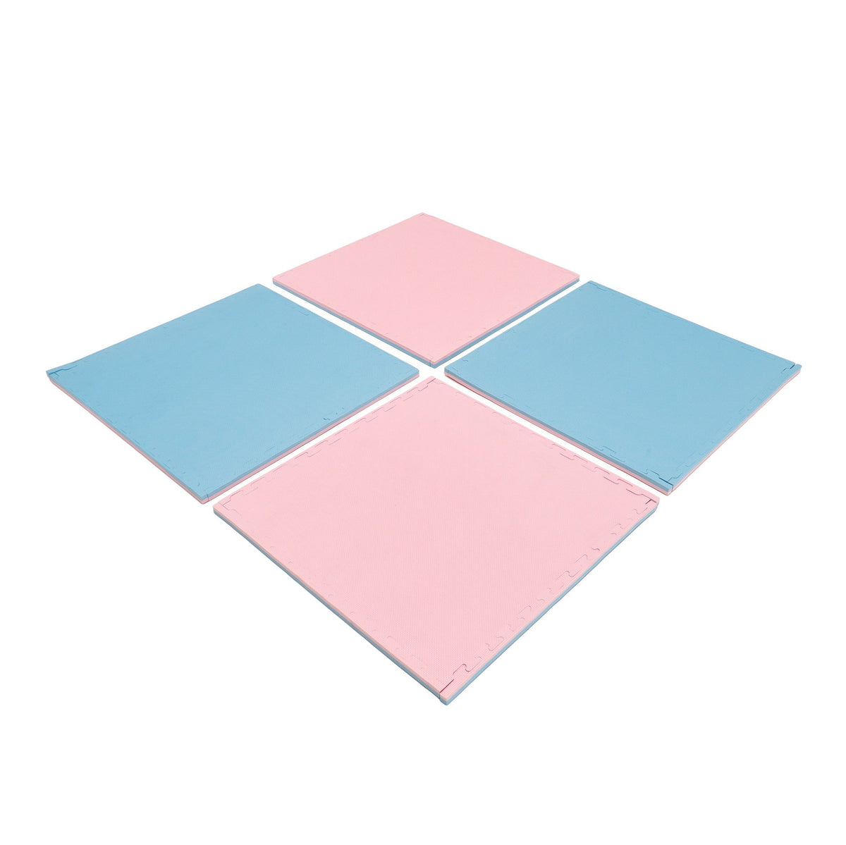 1. Four large foam puzzle mats in baby pink and baby blue arranged in a square on a white background