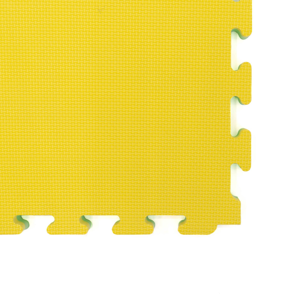 3. Close-up of yellow IGLU foam puzzle mat corner showing interlocking edge design
