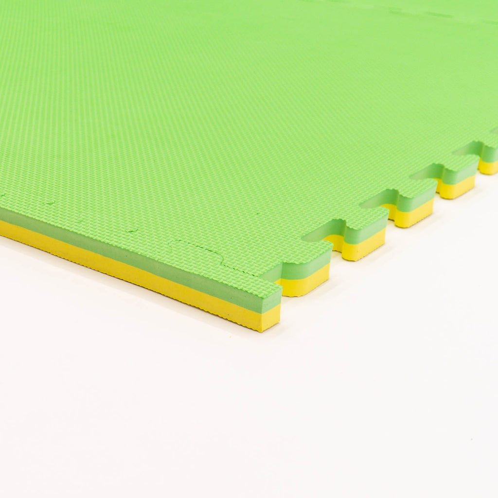 3. Close-up of spring green IGLU foam puzzle mat edge with yellow layer showing interlocking design