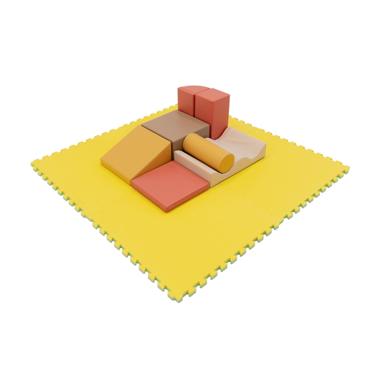1. Yellow IGLU foam puzzle mat with colorful foam blocks on top, set on a white background