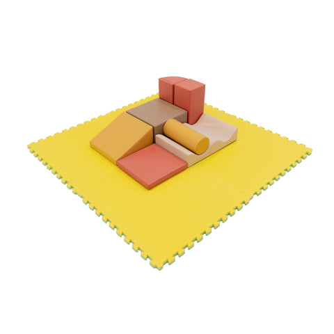 1. Yellow IGLU foam puzzle mat with colorful foam blocks on top, set on a white background