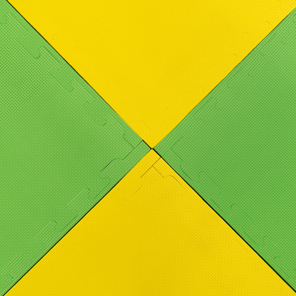 4. Overhead view of IGLU foam puzzle mats in alternating spring green and yellow pattern