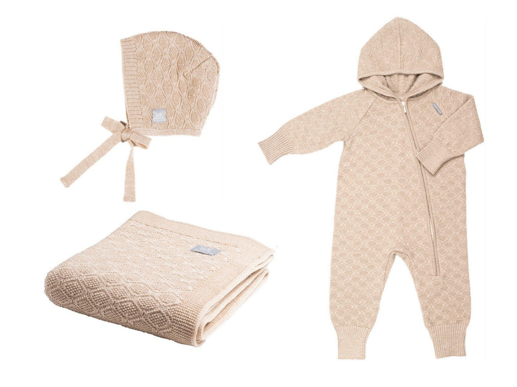 2. Beige merino wool baby gift set including blanket, romper, and bonnet on white background