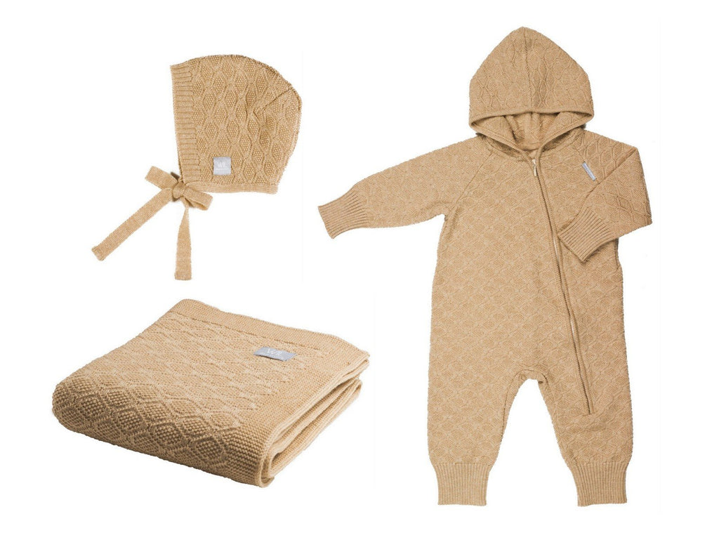 7. Light brown merino wool baby gift set with blanket, romper, and bonnet on white background
