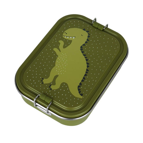 2. Green stainless steel lunch box with dinosaur print and silicone buckle, studio shot