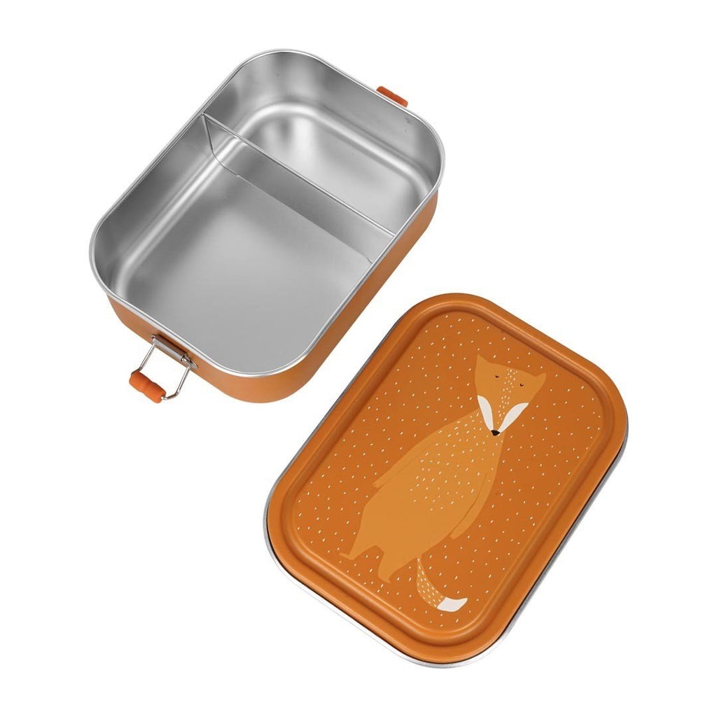 3. Open orange lunch box with Mr. Fox design, showing stainless steel interior and divider, studio shot