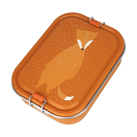 2. Orange lunch box with Mr. Fox design on lid, stainless steel with silicone buckle, studio shot