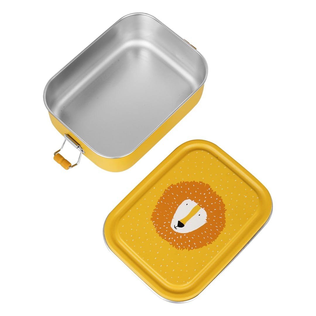 6. Open yellow Mr. Lion lunch box showing stainless steel interior and removable lid