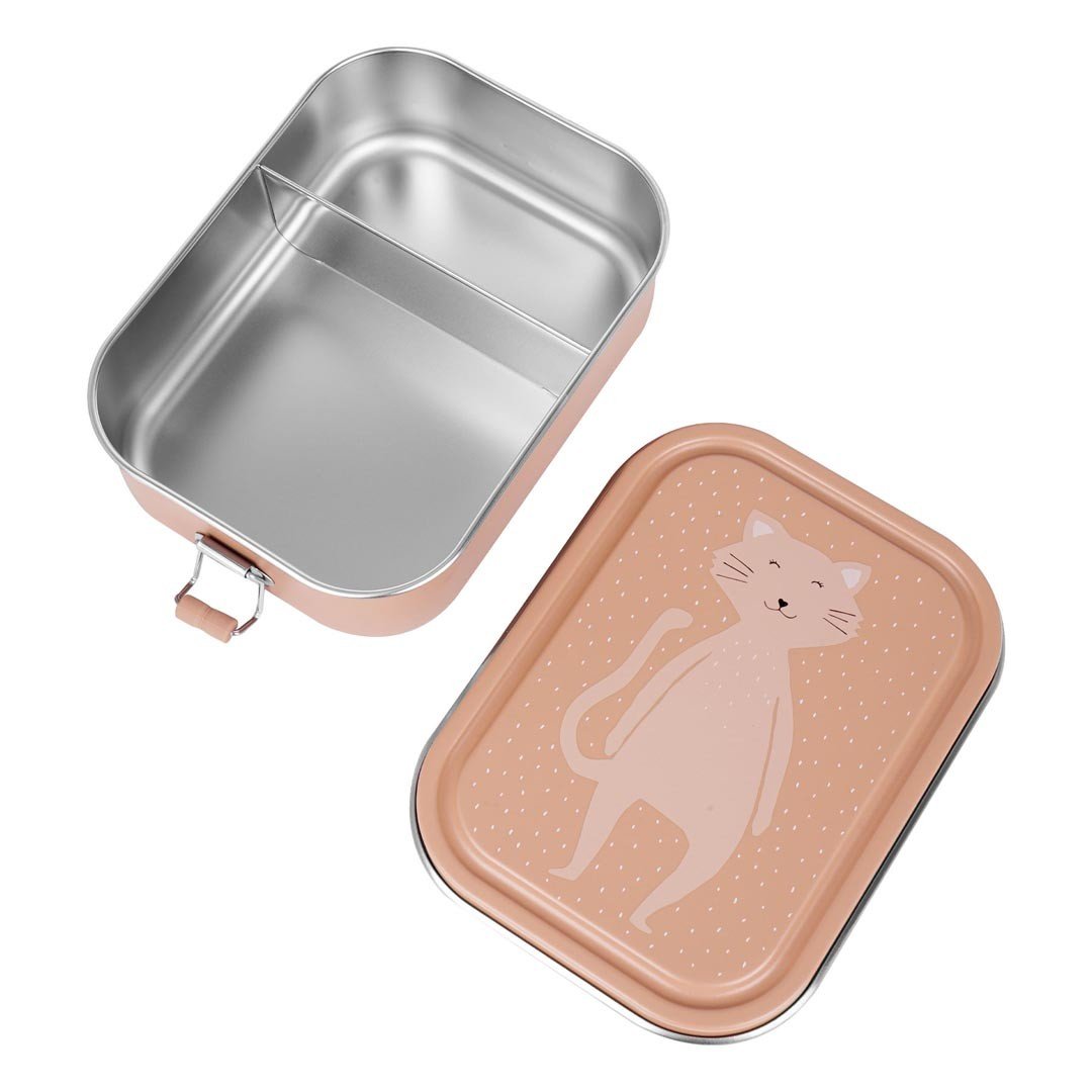 3. Open Trixie Baby Mrs. Cat lunch box showing stainless steel interior and fixed divider, peach lid with cat design