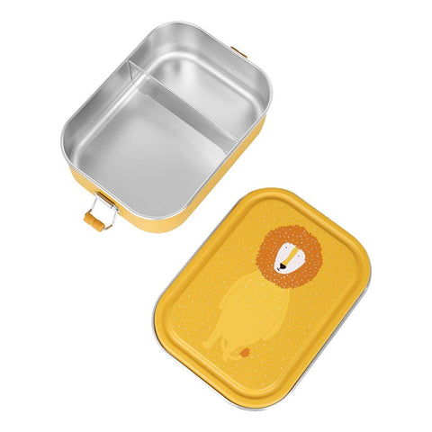 2. Open yellow lunch box with Mr. Lion design, showing stainless steel interior and divider